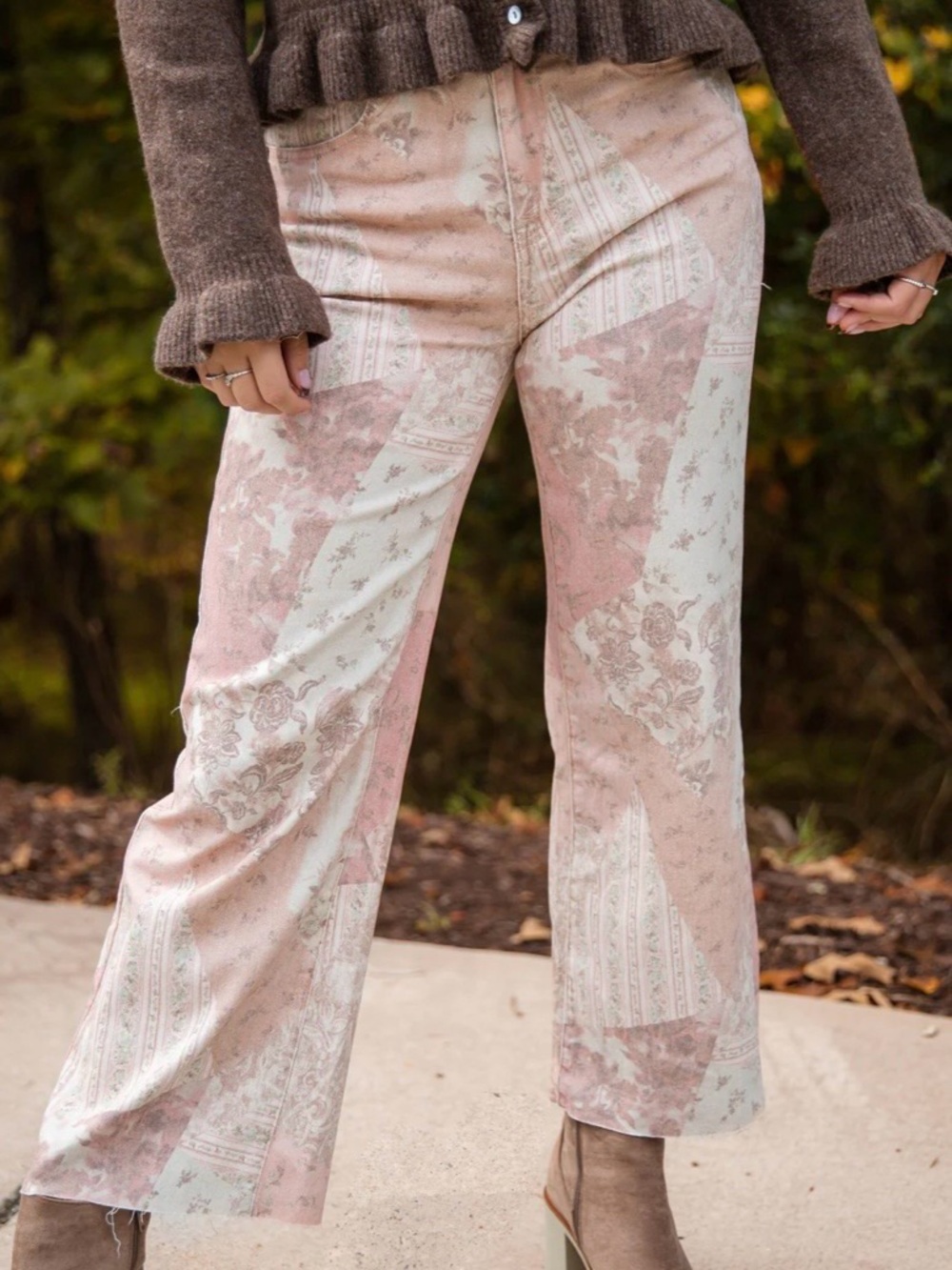 Vintage-Inspired Patchwork Pink & Cream Wide Leg Pants by Easel